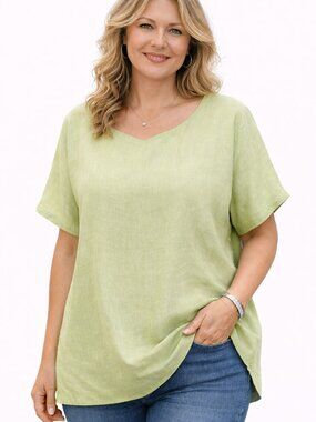 NWT 3X Linen top. CYNTHIA ROWLEY short sleeve green plus size casual summer top